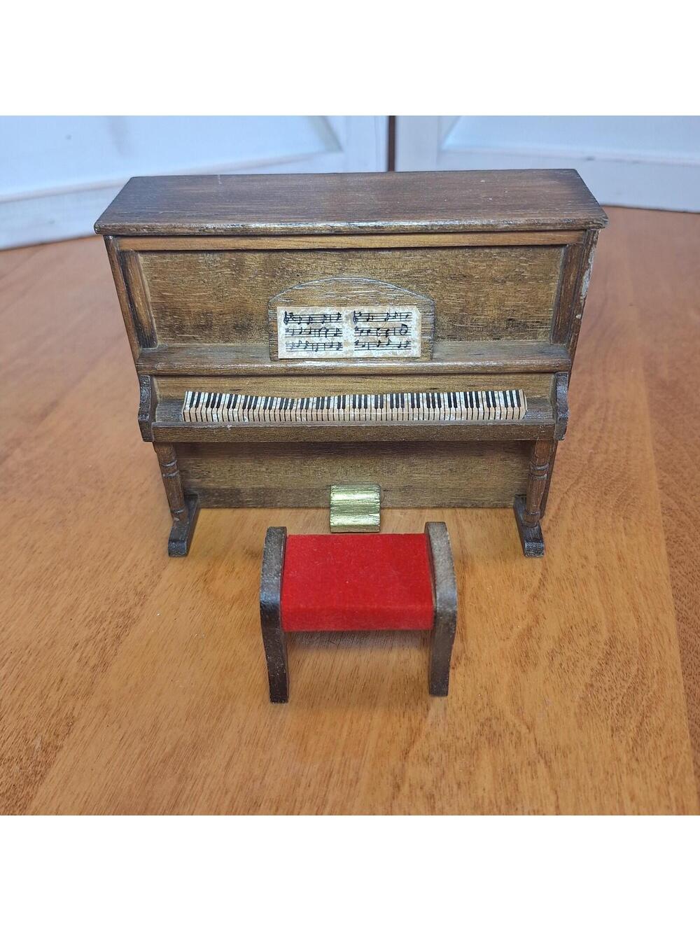 Dollhouse Upright Piano With Red Velvet Covered Bench 4.25"H X 5.25"W X 2.25"D